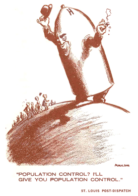 Cartoon reprinted in "The Population Bomb: Is Voluntary Human Sterilization the Answer" (c. 1961), a pamphlet published by Dixie Cup magnate Hugh Moore.