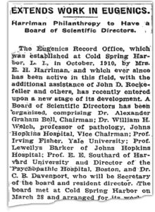 March 30, 1913 announcement of the establishment of a Board of Scientific Directors for the Eugenics Record Office at Cold Spring Harbor. ©The New York Times.